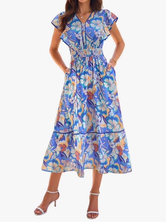 Amazon Dresses & Skirts - NWT Blue Floral Flutter Sleeve Midi Pocket Dress-S